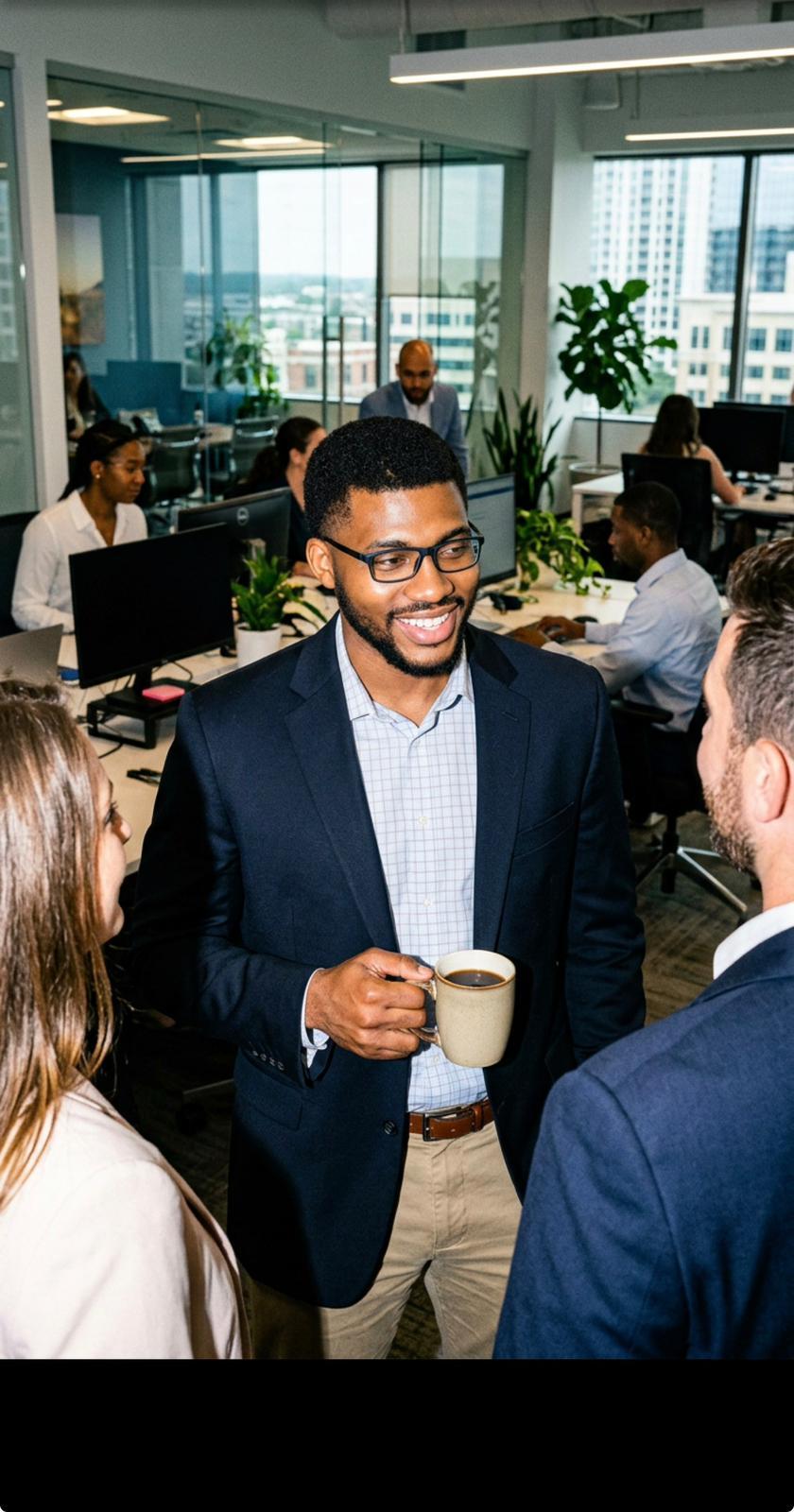 Chiemezie Egbuka talking with a client team in an office
